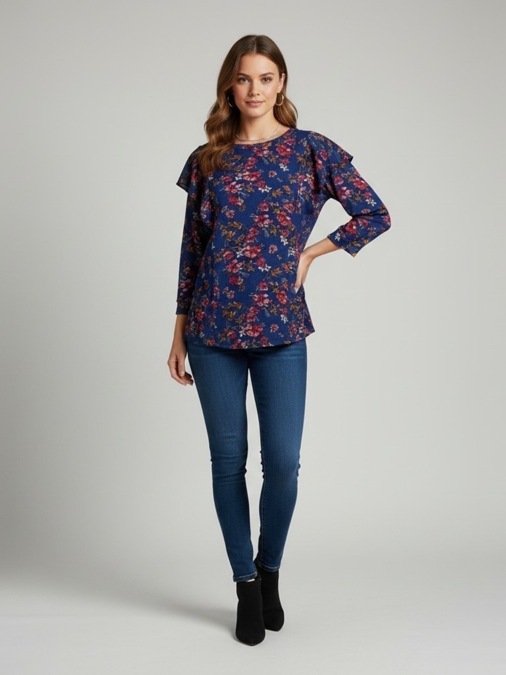 Free People Dock Street Navy Floral Ruffle Cutout Back Top Large